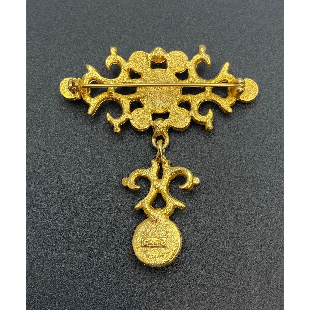 Vintage AJC Gold Tone Jeweled Drop Brooch — Renaissance Revival Style - Picture 3 of 8